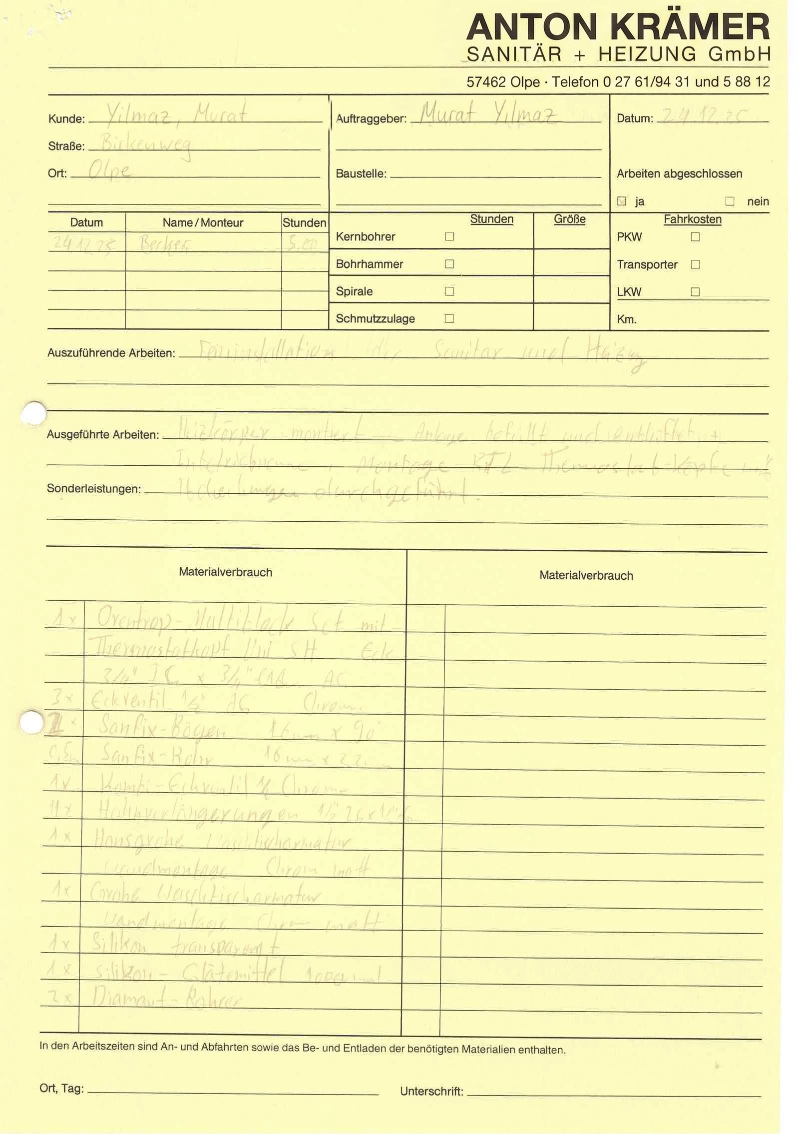 Nachgebauter handschriftlicher Arbeitsnachweis mit fiktiven Namen