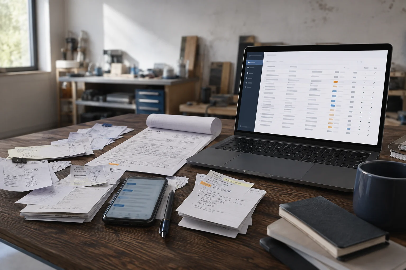 Handwerksbüro mit handschriftlichen Belegen und einem Laptop